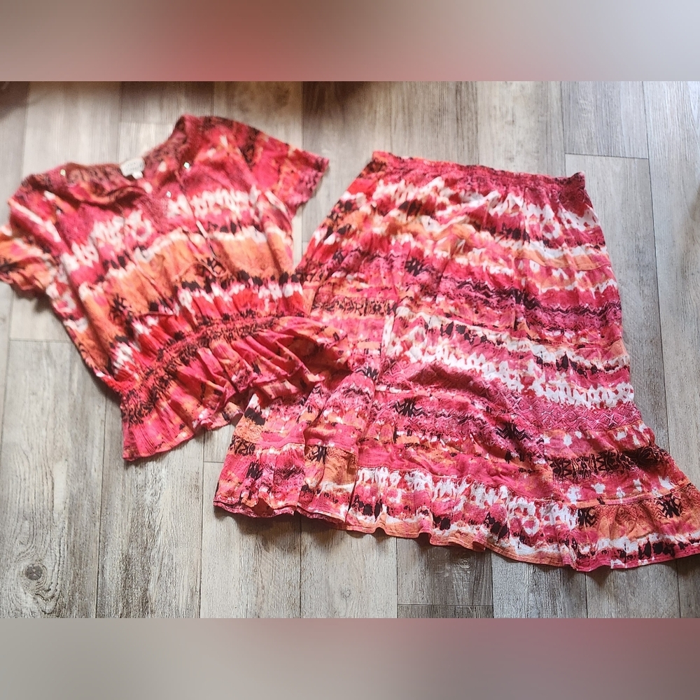 OSO Casual Hot Pink/Black/White/Orange Tie Dye 2-Piece Skirt Set